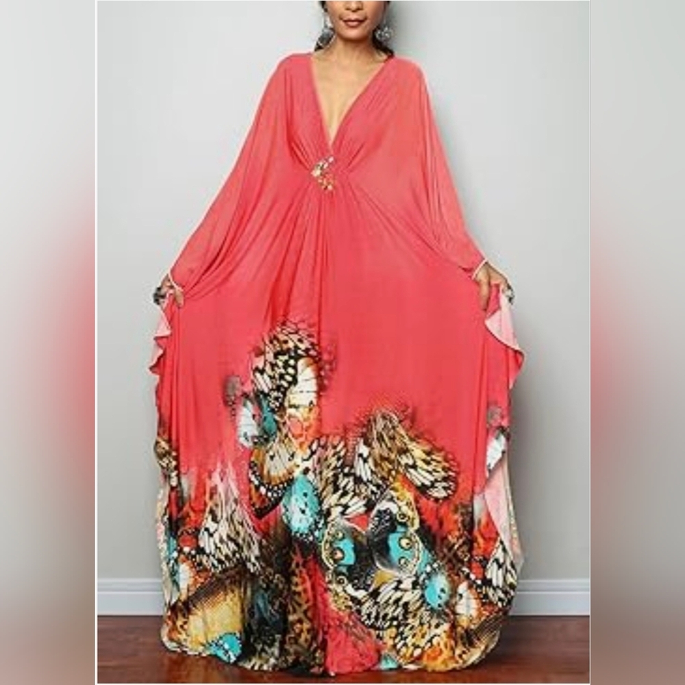 Coral w/Butterfly Print Kaftan/ Swim Cover-up Dress, SIZE L-XL